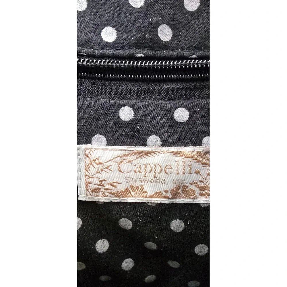 Cappelli Straworld Woven Corn Husk Tote Bag Polka Dot Handles‎ Tan Black White